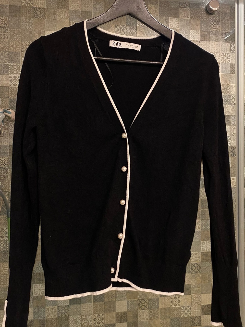 Zara Black Cardigan with White Piped Trim and Pearl Buttons